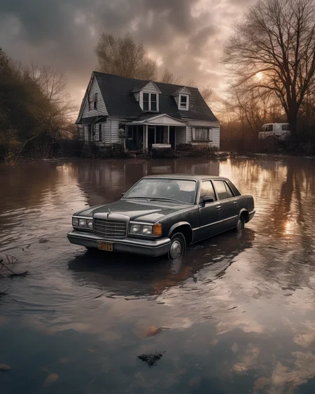 <lora:Triangle Glass Houses Artstyle - Trigger is trhs artstyle:1>photo of A place taken by a flood with everyday objects floating and cars submerged in the water , BREAK lovecraft cosmic horror,,, ultra realistic, detailed, eerie, atmosphere, trhs artstyle,