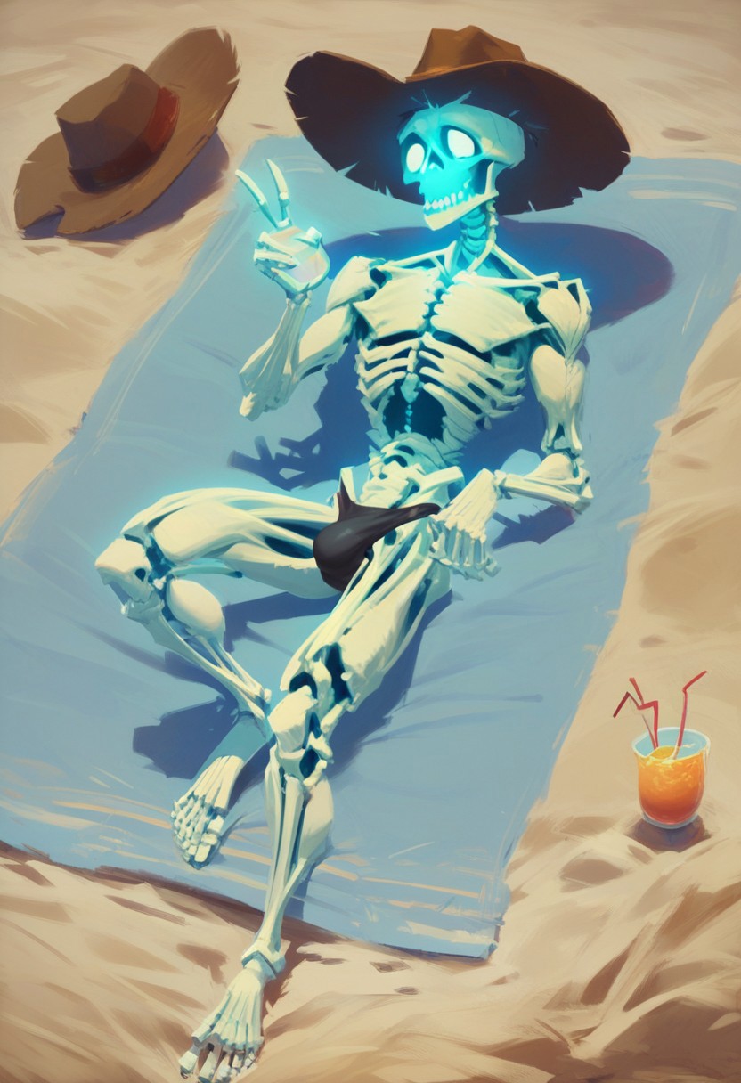 score_9, score_8_up, score_7_up, 1skeleton, ghostly, skeletal, wearing cowboy hat, speedo, beach, lounging, beach towel, v hand, holding drink, ocm