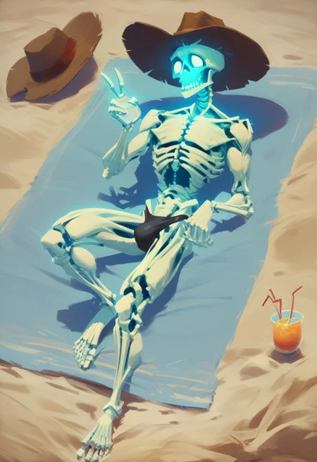 score_9, score_8_up, score_7_up, 1skeleton, ghostly, skeletal, wearing cowboy hat, speedo, beach, lounging, beach towel, v hand, holding drink, ocm