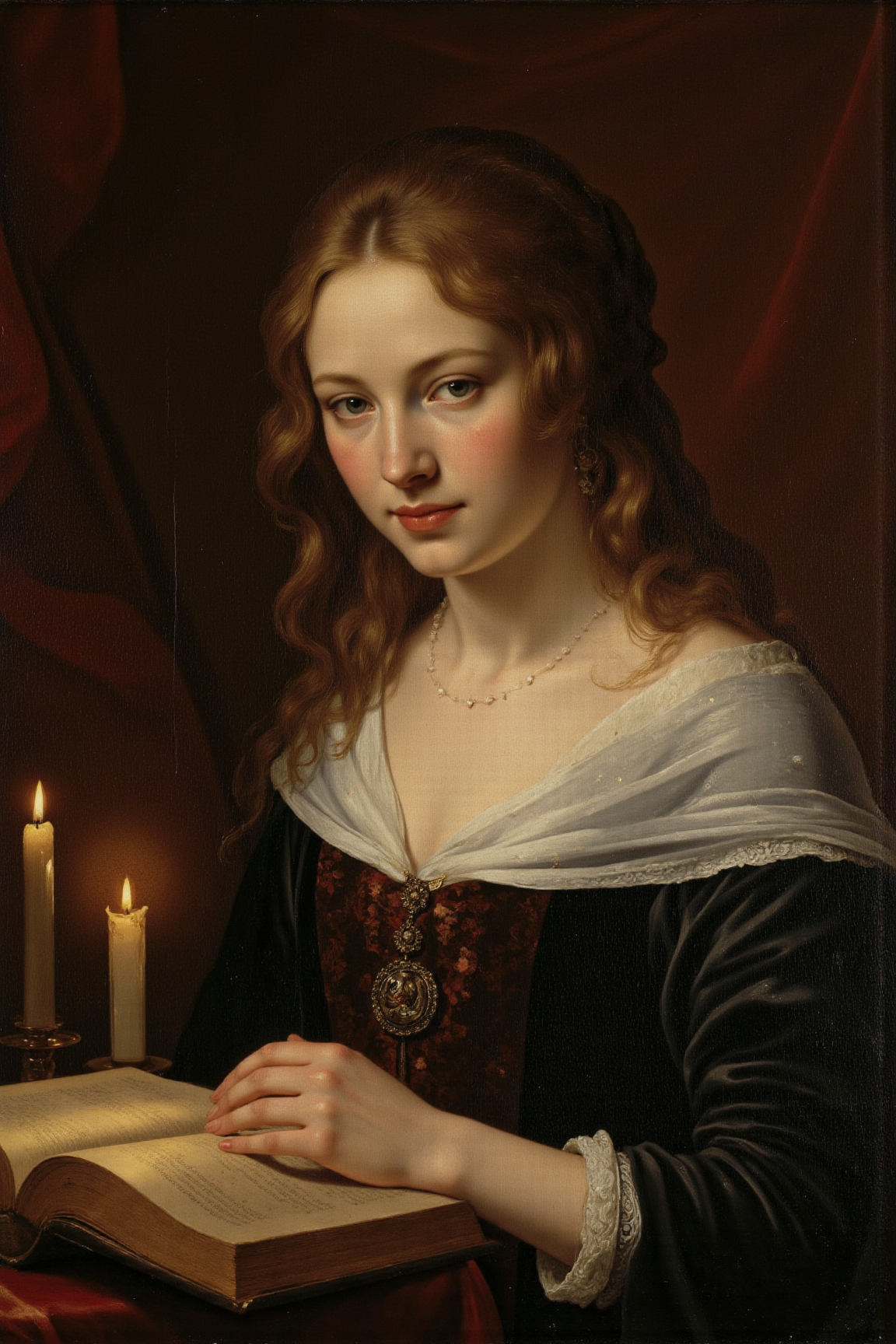 yfg-p@int, Old world master painting of a woman reading a book by candlelight, captured with a medium format camera and a 90mm f/2.8 lens. Set the aperture to f/4 for a shallow depth of field that isolates the subject from the background. The composition should focus on the rule of thirds, placing the woman's face in a diagonal line, while the candlelight casts soft shadows and warm glows across her features. Adjust the shutter speed to 1/30 to create a sense of intimacy and quiet contemplation. Set the white balance to warm tones with a slight yellow bias to evoke the soft light of the candles. Use subtle reflections on the book's pages and the woman's skin to add depth and texture to the scene, capturing the golden hour ambiance that characterized the master paintings of the 17th century.