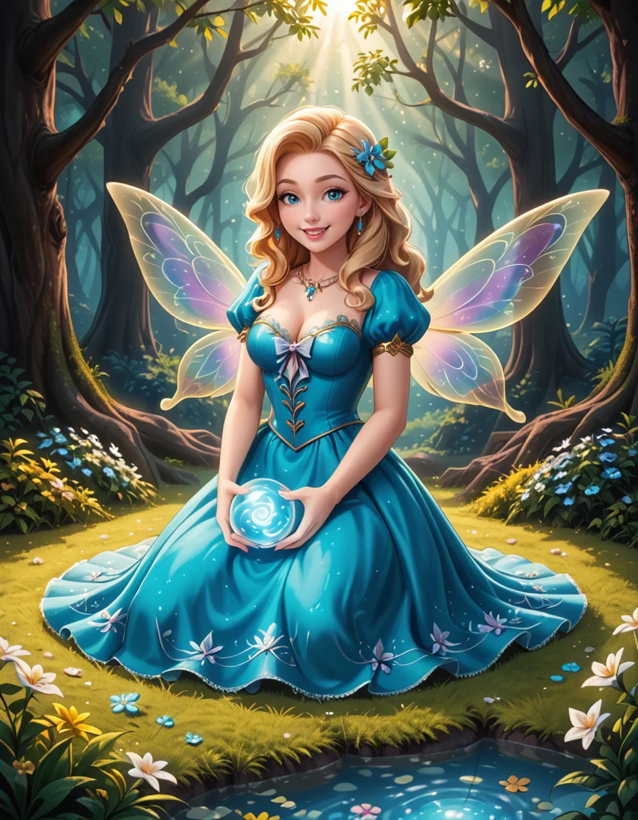 A graceful fairy woman sitting elegantly in front of an enchanted forest,3nch4nt3d f0r3st. She has delicate, shimmering translucent wings that catch the light, creating a soft iridescent glow. Her flowing dress is a pastel pink adorned with intricate floral patterns, appearing almost as if itâs made from petals. Her posture is relaxed yet regal, with one hand gently resting on her lap and the other lightly holding a small glowing orb. Her long, wavy hair cascades down her back in soft golden locks, with small flowers woven into it. Her expression is serene and slightly wistful, with a warm, gentle smile.
The enchanted forest behind her is mystical and vibrant, with towering ancient trees whose twisted branches are illuminated by bioluminescent plants. Soft golden and purple light filters through the dense foliage, giving the scene an otherworldly atmosphere. Tiny glowing fireflies float around her, adding to the magical ambiance. The ground is covered in lush moss and scattered with colorful, luminous mushrooms. The overall lighting is soft and dreamy, with a subtle pink and purple hue blending harmoniously with the fairyâs attire. This scene evokes a feeling of peace, wonder, and enchantment.<lora:SDXLFaeTastic2400:0.4> <lora:extremely_detailed:0.4> extremely detailed, <lora:3nch4nt3d_f0r3st:1>, Masterpiece,best quality,hi res,8k,hi res,8k,award winning,(sharp focus, intricate, highly detailed),