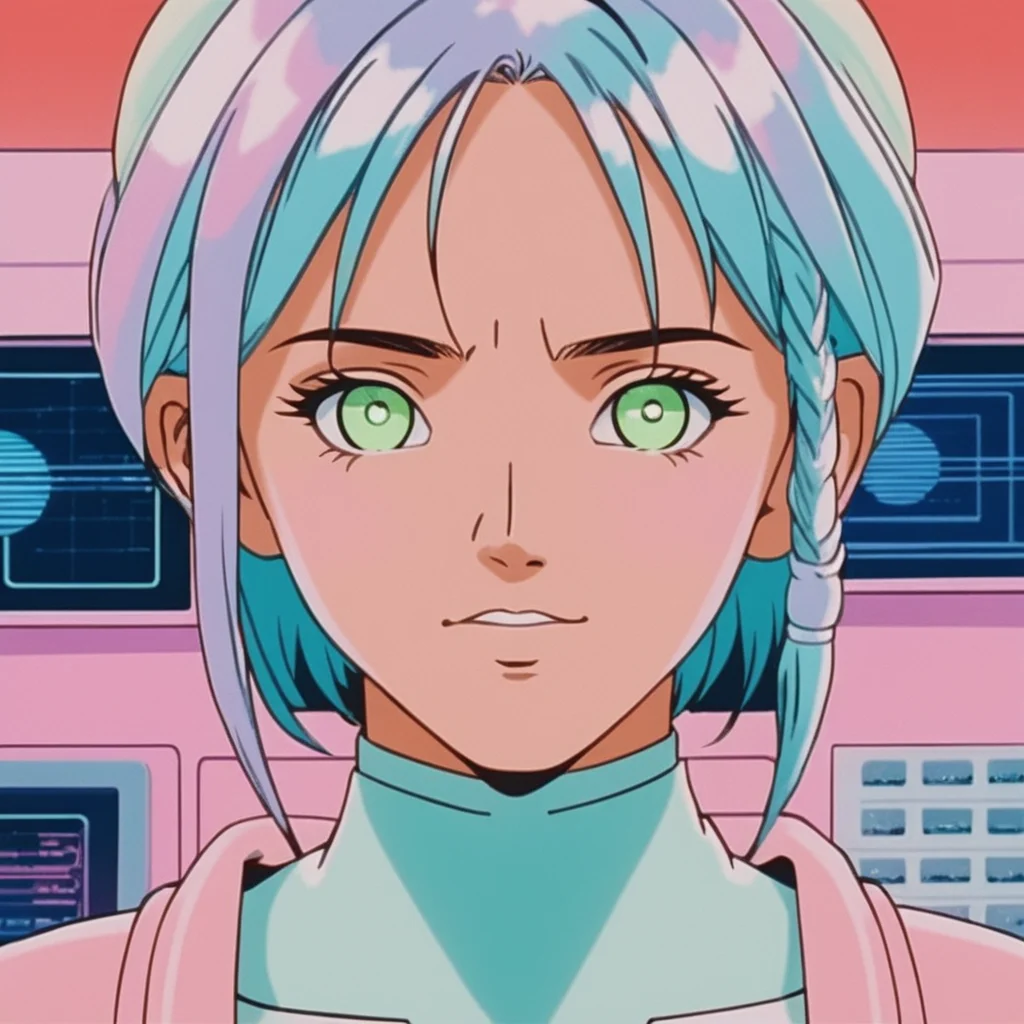 realistic, k4r1n woman standing, kawaii, cute, extreme close-up eye focus, happy, front view, background of gradient fluorescent computer room, pastel tones (by wes anderson:1) <lora:k4r1n-000005:0.6>