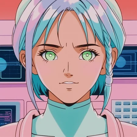 realistic, k4r1n woman standing, kawaii, cute, extreme close-up eye focus, happy, front view, background of gradient fluorescent computer room, pastel tones (by wes anderson:1) <lora:k4r1n-000005:0.6>