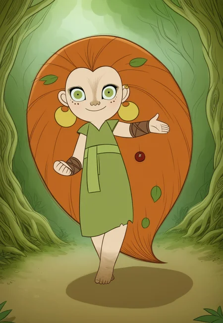 (zPDXL3), full body, solo, 1girl, best quality, 1girl, solo, mebh_human, green eyes, long hair, orange hair, earrings, barefoot, earrings, jewelry, leaf, freckles, muddy feet, looking at viewer, smile, dynamic pose, outdoors, forest, dynamic angle