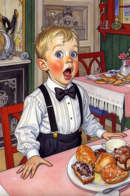 car1ar painting.
A young boy, with short, tousled blonde hair and wide, expressive blue eyes. He is dressed in a formal white dress shirt with a black bow tie, giving him a slightly comical contrast with the casual setting. The boy's mouth is open in a surprised or excited expression, and he appears to be looking down at a table in front of him.
The table is covered with a pink tablecloth and is laden with an assortment of colorful pastries and sweets.
 <lora:car1ar1_cap_d6a3:1.0><lora:825499165615259717:0>