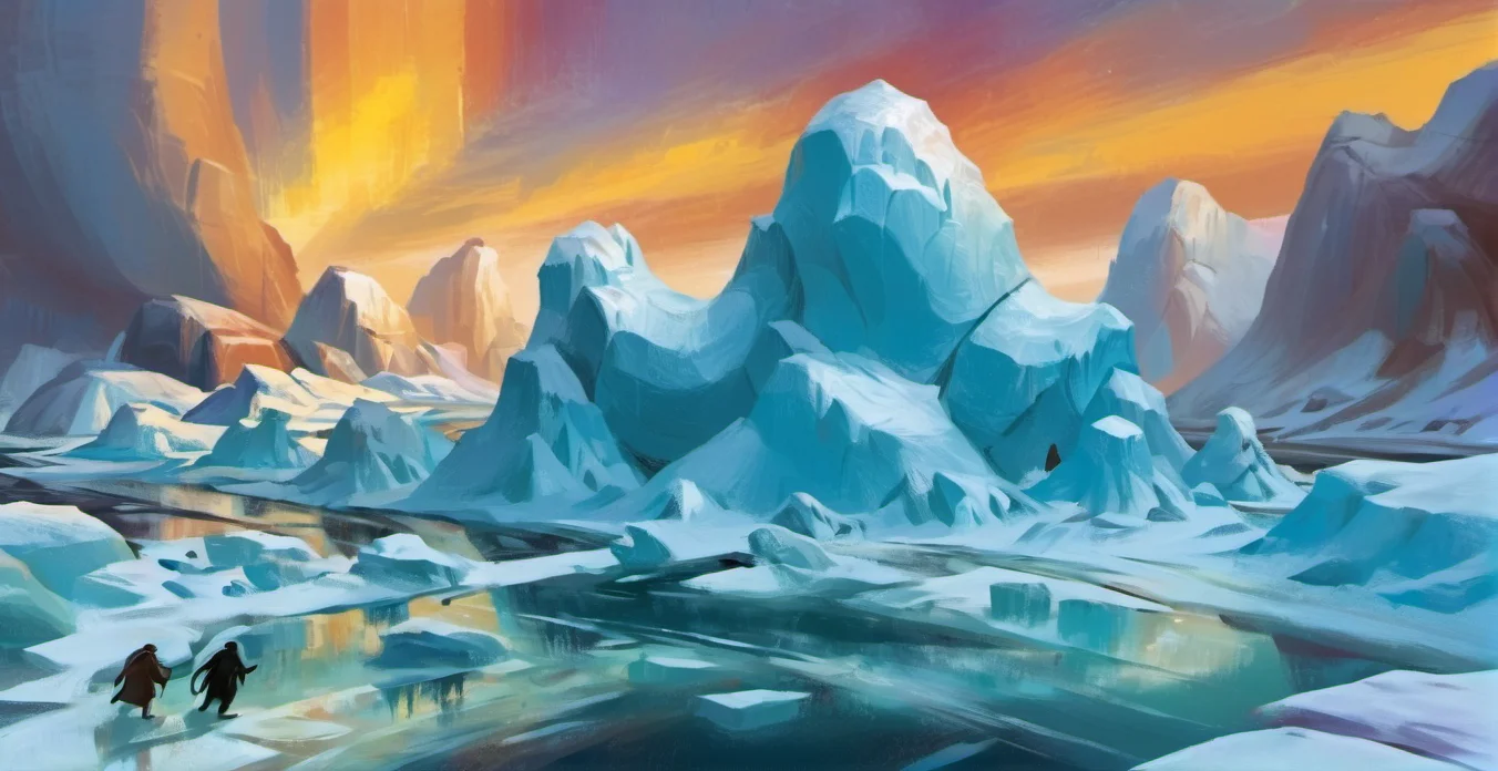 Arctic Tundra: Frozen, icebergs, polar bears, northern lights, igloos, penguins sliding on ice., color <lora:XLPUNK_0.3_RC:0.85>
