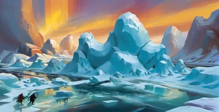 Arctic Tundra: Frozen, icebergs, polar bears, northern lights, igloos, penguins sliding on ice., color <lora:XLPUNK_0.3_RC:0.85>