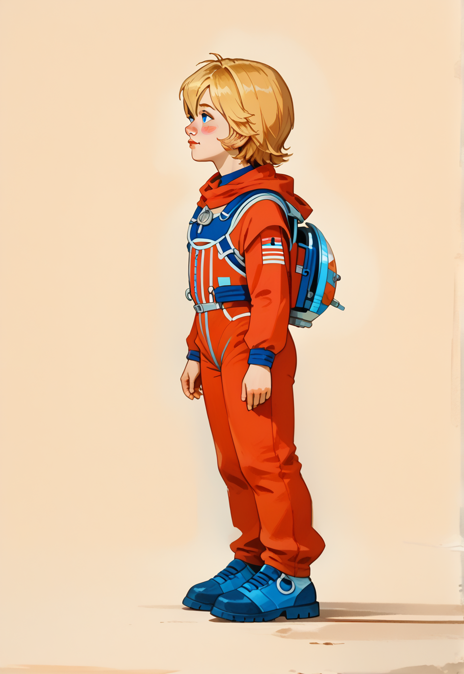 score_9, score_8_up, score_8_up, perfect drawing, sharp lines, absurdres, 
1girl, solo, alisattp, (full body:1.2), 
blonde hair, blue eyes, blush stickers, hair between eyes, bangs, red bodysuit, spacesuit, short hair,
Dynamic lighting, shading, detailed, from side,  thighs, feet, standing,
simple background,  looking up,
1980s \(style\),
d3t41l3d,  <lora:d3t41l3dXLP:0.6>, <lora:alisattp_pdxl:1>