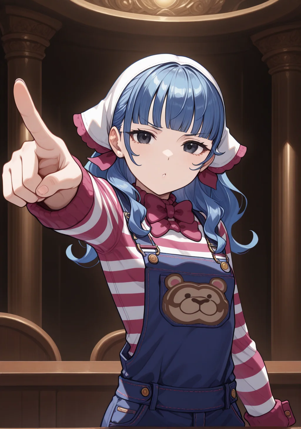 masterpiece, best quality, absurdres, perfect lighting,shiny skin,<lora:StS-Illustrious-Detail-Slider-v1.0:3>,<lora:illustrious_noobai_epsilon_pred_1_best_quality_v1:1>,1girl,Vera Misham,long hair, blue hair,blunt bangs, black eyes, <lora:Vera Misham:0.9>,overalls, striped shirt, long sleeves, bow, animal print, bowtie,<lora:Objection_-_Illustrious:1>, facing right, pointing right, pulpit,pointing at viewer