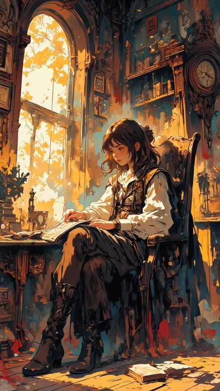 Impressionistic anime-style scene of a young woman sitting alone in a dimly lit room, an old photo album resting on her lap. Her fingers gently trace a faded picture, her expression distant, lost in thought. Dust particles float in the golden light filtering through a lace-curtained window, casting soft patterns on the wooden floor. The room is filled with quiet nostalgiaâworn books stacked on a side table, a teacup long gone cold, a clock ticking softly in the background. Mixed art styleâloose, painterly impressionist brushstrokes for depth and atmosphere, anime-style character details, ligne claire outlines for clarity and structure. <lora:flux-sm41l33-comic-v1:0.8> <lora:Anime_v1.3:1.5> <lora:Techno_Digitalis:1.0>