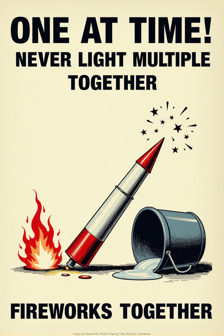 A vintage poster with a clear, simple illustration of a firework rocket lying horizontally on the ground next to a tipped-over bucket of water. Flames are subtly depicted near the rocket. Bold, black text on a white background warns: "ONE AT A TIME! Never Light Multiple Fireworks Together." Emphasize the potential for chaos and danger with multiple ignitions.  <lora:REMEs_War_Poster_Style:0.95> In REME's War Poster Style,âââ