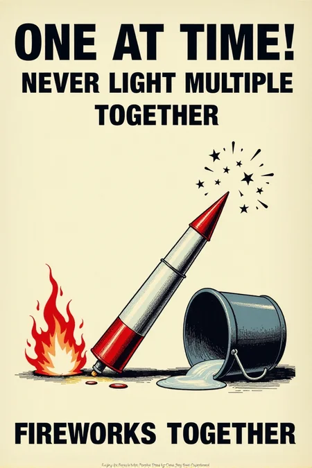 A vintage poster with a clear, simple illustration of a firework rocket lying horizontally on the ground next to a tipped-over bucket of water. Flames are subtly depicted near the rocket. Bold, black text on a white background warns: "ONE AT A TIME! Never Light Multiple Fireworks Together." Emphasize the potential for chaos and danger with multiple ignitions. <lora:REMEs_War_Poster_Style:0.95> In REME's War Poster Style,âââ