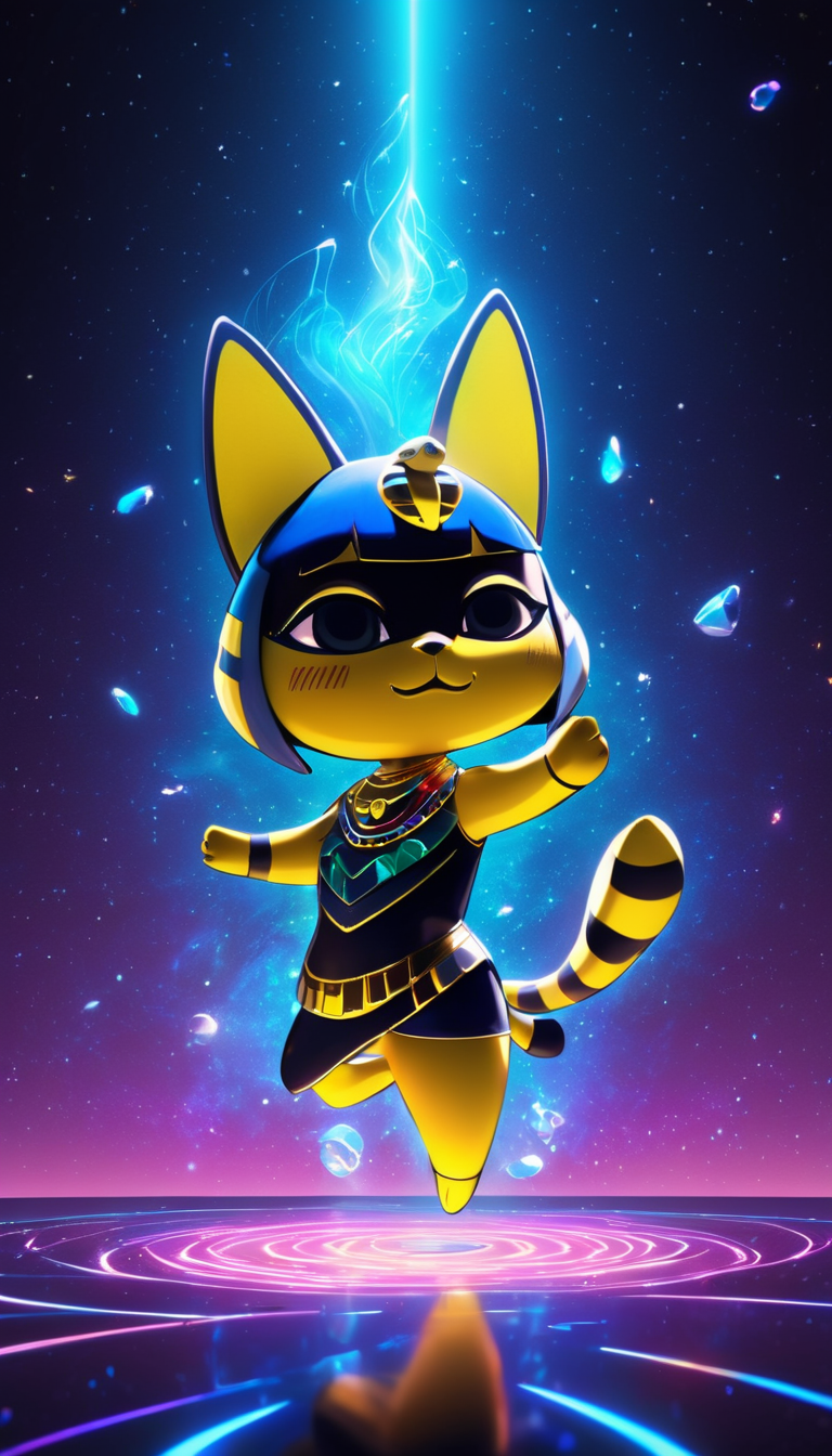 hologram of  Cinematic scene, hero view, Ankha, Animal Crossing <lora:ankha_v0.0.1:1>, action pose, nature, detailed background, masterpiece, best quality, high quality, absurdres floating in space, a vibrant digital illustration, dribbble, quantum wavetracing, black background, behance hd