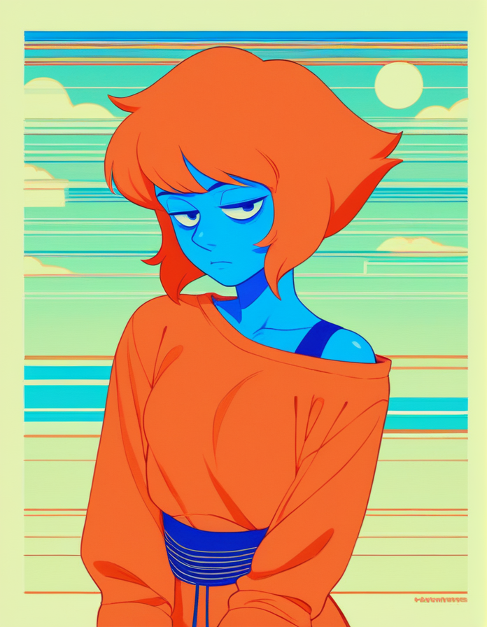short hair, blue skin, \(steven universe\) lapis lazuli , expressionless, vaporwave, limited palette, orange theme, BREAK score_9, score_8_up, score_7_up, score_6_up, score_5_up, score_4_up BREAK zPDXL