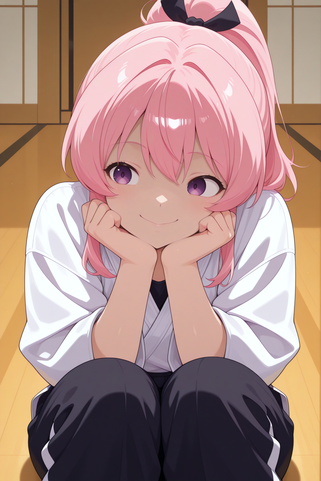 masterpiece, anime coloring, newest,  CivChan,  Karate Dojo, Sitting on knees with hands resting on thighs,   <lora:CivChan1101-illust:0.8>