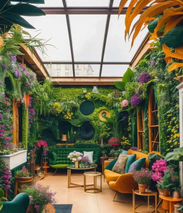 CHV3SWorld, CV3SSciFi, Architectural digest photo of a maximalist green solarpunk living room with lots of flowers and plants, golden light, hyperrealistic surrealism, award winning masterpiece with incredible details, epic stunning, Magical