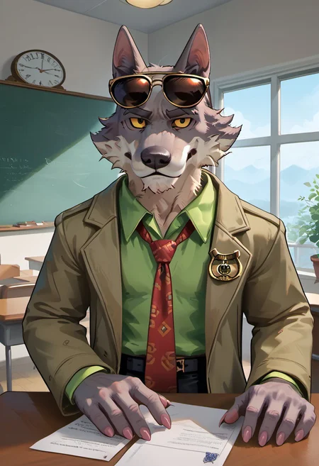 score_9_up, score_8_up, score_7_up, masterpiece, best quality, amazing quality, very aesthetic, absurdres, newest, high quality, detailed, male, solo male, DaleDonovan, 1boy, mature male, male, anthro, wolf, broad shoulders, scruffy, gray fur, light tan underbelly, black eyes, yellow sclera, thick eyebrows, animal ears, green collared shirt, red tie, tan jacket, detective, sunglasses on forehead, black pants, half body, indoors, sitting at desk, papers on desk, looking at viewer, one raised eyebrow