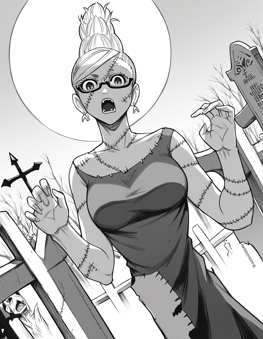 score_9, score_8_up, score_7_up, source_anime, <lora:seiko-ayase-manga-ponyxl-lora-nochekaiser:1>, seiko ayase, long hair, large breasts, monochrome, greyscale, earrings, glasses, hair bun, semi-rimless eyewear, under-rim eyewear,, <lora:zombie-ponyxl-lora-nochekaiser:1>, zombie, colored skin, stitches, grey skin, multicolored skin, stitched face, zombie pose, halloween, halloween costume,, night, moon, graveyard, tombstone, grave, open mouth, , dutch angle, cowboy shot