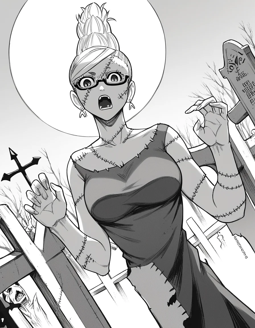 score_9, score_8_up, score_7_up, source_anime, <lora:seiko-ayase-manga-ponyxl-lora-nochekaiser:1>, seiko ayase, long hair, large breasts, monochrome, greyscale, earrings, glasses, hair bun, semi-rimless eyewear, under-rim eyewear,, <lora:zombie-ponyxl-lora-nochekaiser:1>, zombie, colored skin, stitches, grey skin, multicolored skin, stitched face, zombie pose, halloween, halloween costume,, night, moon, graveyard, tombstone, grave, open mouth, , dutch angle, cowboy shot