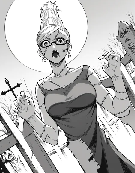 score_9, score_8_up, score_7_up, source_anime, <lora:seiko-ayase-manga-ponyxl-lora-nochekaiser:1>, seiko ayase, long hair, large breasts, monochrome, greyscale, earrings, glasses, hair bun, semi-rimless eyewear, under-rim eyewear,, <lora:zombie-ponyxl-lora-nochekaiser:1>, zombie, colored skin, stitches, grey skin, multicolored skin, stitched face, zombie pose, halloween, halloween costume,, night, moon, graveyard, tombstone, grave, open mouth, , dutch angle, cowboy shot
