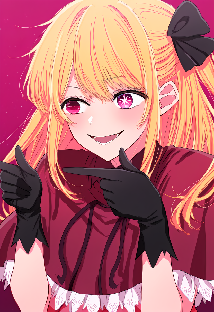 masterpiece, high quality, best quality, 1girl, hoshino ruby, rbhshndef, pink eyes, star \(symbol\), no pupils, symbol-shaped pupils, mismatched pupils, star-shaped pupils, upper body, sidelocks, hair between eyes, hair bow, black bow, idol clothes, frills, red capelet, frilled capelet, black ribbon, red pink shirt, black gloves, finger spin, pointing, open mouth, smile, half-closed eyes, looking to the side, <lora:Rikkas_Finger_Spin_-_finger_twirl:1>, <lora:oshinoko_rubyhoshino_illustriousXL:0.85>