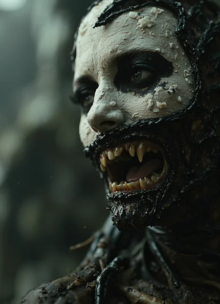 hyperrealistic art This image presents a hauntingly realistic depiction of a zombie-like creature emerging from a dark, murky pool of water. The creature's head and upper torso are visible above the surface, its pale skin contrasting with the surrounding darkness.
The creature's face is distorted, with sunken eyes that seem to stare into the soul. Its mouth is open, revealing crooked teeth stained yellow by decay. A thick layer of mucus covers its lips and chin, adding to the overall sense of horror and disgust.
In the background, a dark forest looms, with trees looming in the distance. The atmosphere is tense and foreboding, as if something sinister lurks just beneath the surface of the water. The image's use of shadows and lighting creates an eerie mood, drawing the viewer's attention to the creature's grotesque features.
Overall, this image is a masterclass in horror photography, capturing the essence of terror and unease with a single, haunting shot. extremely high-resolution details, photographic, realism pushed to extreme, fine texture, incredibly lifelike