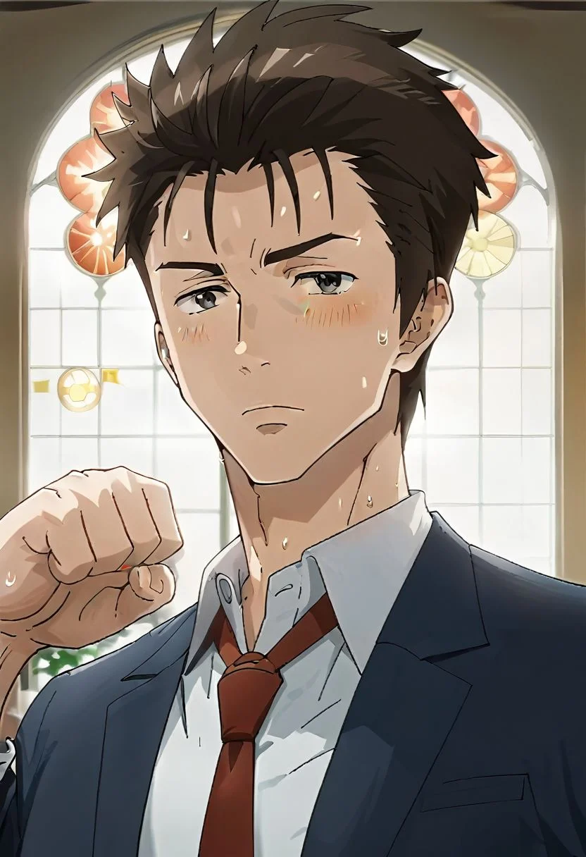 (score 9, score 8 up, score 7 up),((source anime, best quality, best aesthetic, perfect anatomy)),1boy,male focus,handsome detailed face,black eyes,blazer,collared shirt,slim body,skinny,necktie,solo,((Sweat, Flexing, cold light, stain glass, long shot, eye level view/level gaze/straight gaze)),<lora:Shinich:1>,shinichi,<lora:Smooth Anime 2 Style SDXL_LoRA_Pony Diffusion V6 XL:1>,<lora:aesthetic_anime_v1s:1>,
