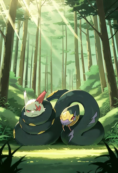 (masterpiece, best quality, high quality, highres), very awa, highres, absurdres,
(chii-kun \(seedyoulater\):0.5),
(no humans:1.1), (cute:1.2), comfy, duo,
pokemon, pokemon \(species\),
Zangoose bound by snake, wraped, upset, angry,
cosy, meadow, forest, day, sunlight, sun rays,