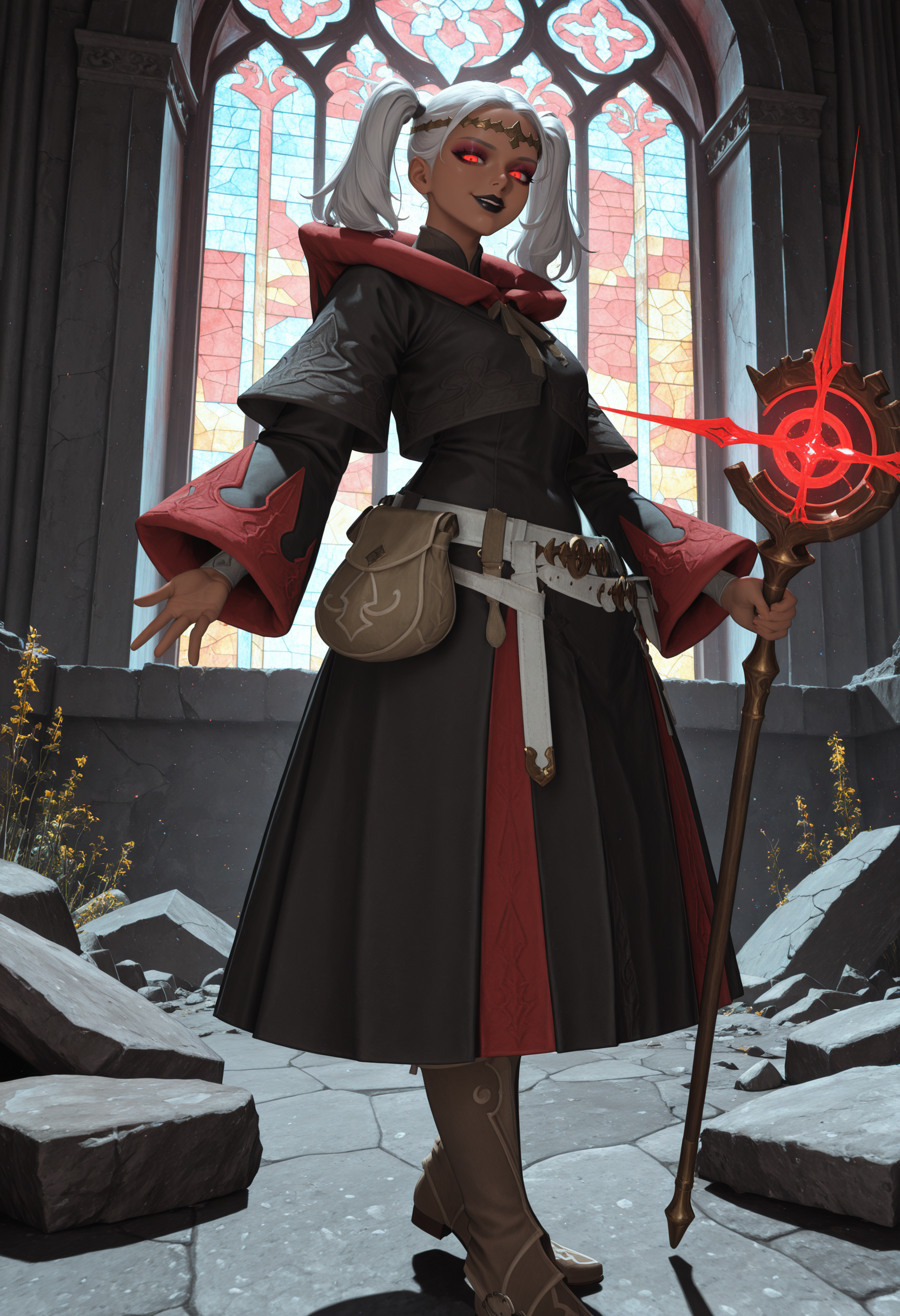 , best quality, absurdres, highres, newest, <lora:cfg_scale_boost:.7>, 1girl, solo , church, stained glass,  <lora:WhiteMage_IL:1> whmaf, black robe, white belt, belt pouch, brown boots, gold circlet, hood, hood down, holding staff, dynamic pose, casting spell, looking at viewer, dark-skinned female, night, ruins, white hair, red eyes, naughty face, twintails, black lips, eyeshadow, glowing eyes,
