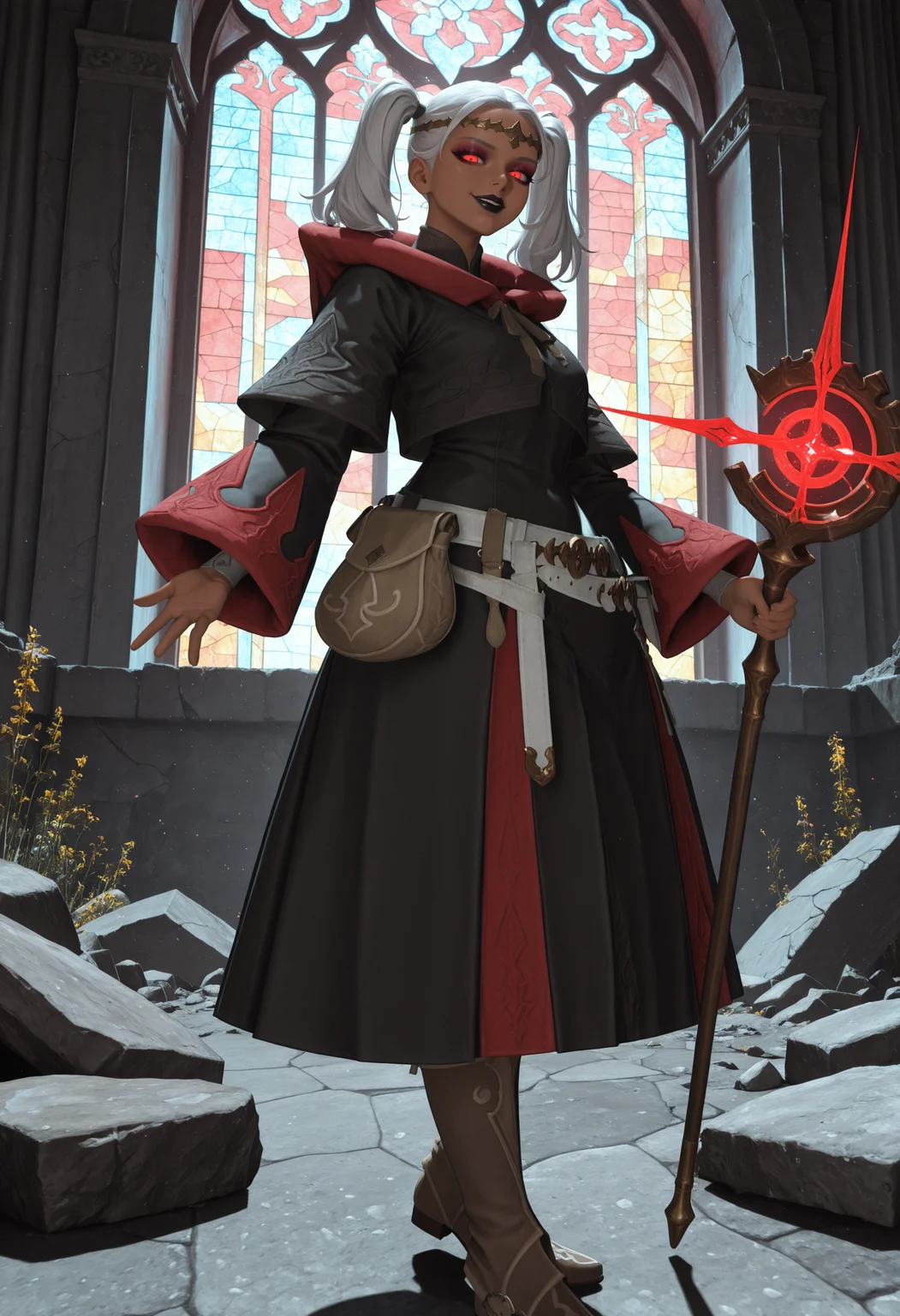 , best quality, absurdres, highres, newest, <lora:cfg_scale_boost:.7>, 1girl, solo , church, stained glass, <lora:WhiteMage_IL:1> whmaf, black robe, white belt, belt pouch, brown boots, gold circlet, hood, hood down, holding staff, dynamic pose, casting spell, looking at viewer, dark-skinned female, night, ruins, white hair, red eyes, naughty face, twintails, black lips, eyeshadow, glowing eyes,