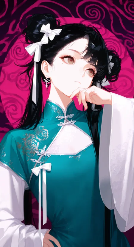masterpiece, best quality, good quality, very aesthetic, absurdres, newest, 1girl, solo, long_hair, shirt, black_hair, Big_eyes, long_sleeves, chinese_clothes, bow, ribbon, closed_mouth, jewelry, twintails, brown_eyes, white_shirt, upper_body, hair_ribbon, hair_bow, earrings, hand_up, wide_sleeves, (looking_to_the_side:1.2), hand_on_own_hip, mole_under_eye, blue_dress, see-through, chinese_clothes, white_bow, white_ribbon, china_dress, green_dress,hand_on_own_chin, thinking, stroking_own_chin,facing_viewer, Side head,shuangyaji,messy hair,
Suspense, doubt, suspicion,spiral background <lora:ponyv5_noobV065S_1_adamW-000013:0.7> <lora:USNR_STYLE_XL_lokr:0.45> <lora:wl-illV1-000017:0.7> <lora:zzziGnXL_il_lokr_V531:0.5>