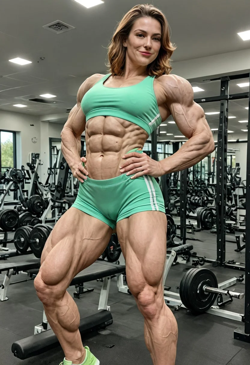 (1woman:1.4),(front:1.4),(quads flex:1.9),(one foot out:1.3),(insane muscles:1.5),(legs:1.3),(light green workout clothes:1.7), (hands on waist:1.4),(smug:1.2),(wide shoulders:1.5),(lean:1.3),(small waist:1.2), (veins:1.3),(gym:1.8),(casual pose:1.4), (candid shot:1.9),,(beautiful woman:1.3), (large boobs:1.4),(abs:2.2),(wide hips:1.3),(gorgeous:1.5),(hazel  hair:1.4), Stable_Yogis_PDXL_Positives, realistic style, perfect, perfection,