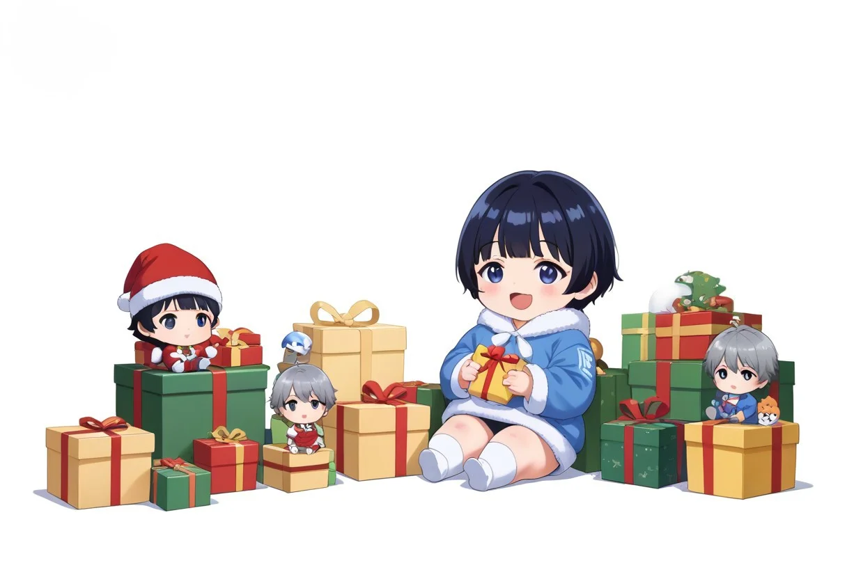 chibi solo, 1girl, medium black hair fluffy blue hanfu, wide long sleeves white hanfu, funny, chibi sitting, infant, toddler,
Fat chibi open christmas gifts, medium, baby, infant, toddler,
Toy plushie, opened mouth, smile, giggled, white background, christmas party, chibi, chibi, infant, force side view, force from side,