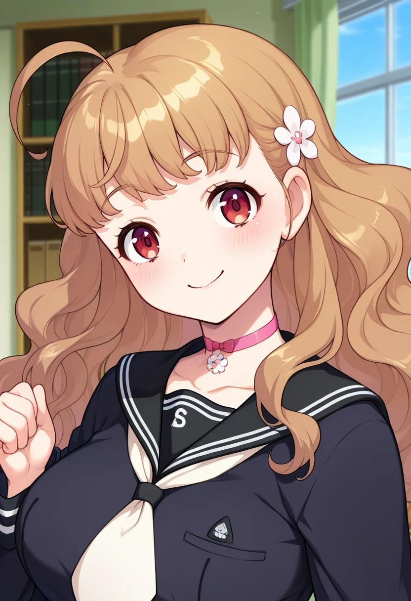 masterpiece, best quality, amazing quality, absurdres, 1girl, solo, (portrait:1.2), mokaww, red eyes, brown hair, long hair, wavy hair, ahoge, hair flower, large breasts, school uniform, black serafuku, black sailor collar, white neckerchief, pink choker, black shirt, looking at viewer, smile, indoors, day, skindentation, detailed clothing folds, depth of field, sharp, high contrast, dynamic light <lora:Momozono_Moka_Shinsou_Noise_ill:0.8>