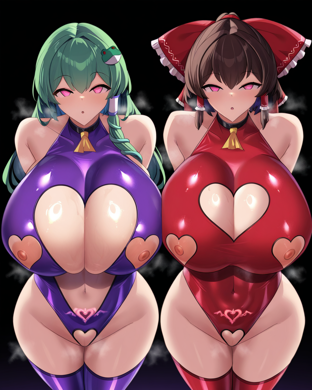 2girls, ADDCOL, hakurei reimu,hair bow,brown hair,hair tubes,red leotard,red thighhighs,huge breasts, ADDCOL, kochiya sanae,green hair,frog hair ornament,purple leotard,purple thighhighs,huge breasts, ADDCOL, heart cutout,crotch cutout,nipples, pubic tattoo, corruption, pink eyes, glowing eyes, empty eyes, sinkai, steam, smell, steaming body, looking at viewer, cowboy shot, simple background, black background, masterpiece, best quality, very aesthetic, absurdres