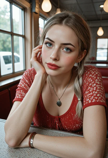 Cinematic moviestill eye-level photo showing skinny danish female, 20yo, with weary grey eyes and pale skin with a giggling expression. She has a long silver low twintails hairstyle and stylish makeup featuring shades of crimson and bold false lashes contrasted by lip stain, accompanied by a charm necklace. Set in a diner with 50s retro style, on a dark clear summer midnight. With natural prismatic, rainbow-lighting, real life, vibrant highlights, 4k, vibrant