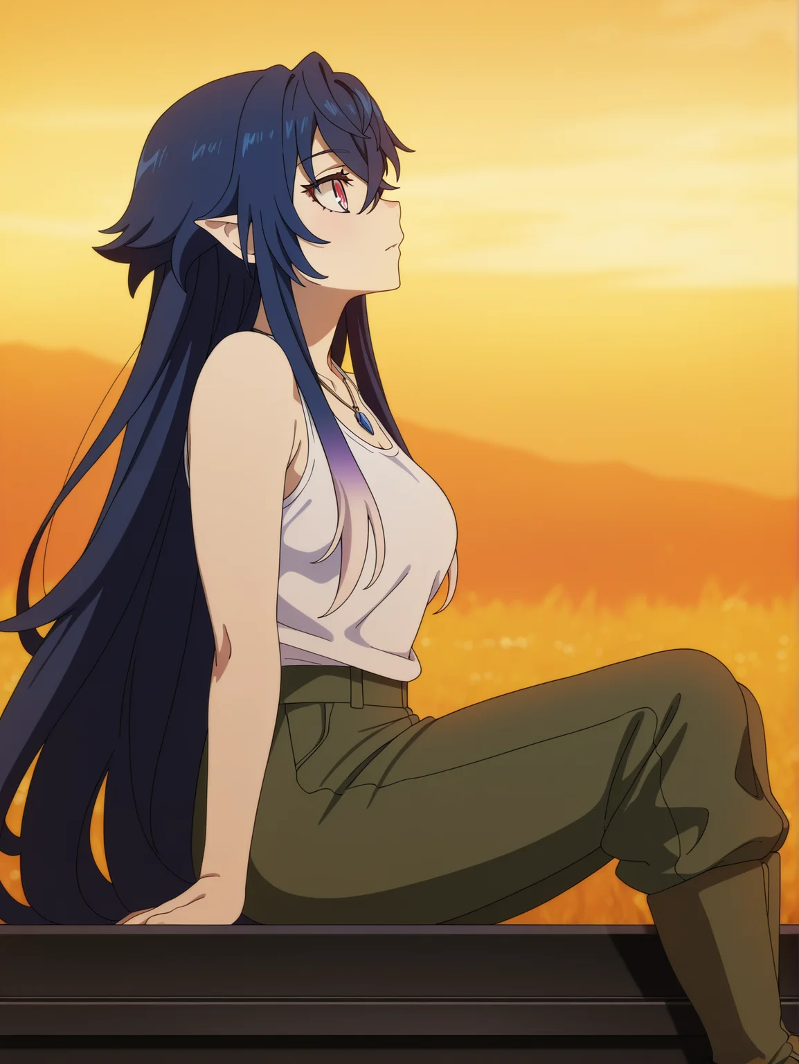 masterpiece, best quality, amazing quality, very aesthetic, absurdres, newest, defined facial features, anime coloring, anime screencap
<lora:Irina-Lev-Anya_IL1.1v0a:1> luminesk irina, white tank top, necklace, green military pants, brown footwear, sitting, from side, sitting on coffin, coffin