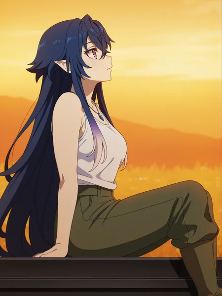 masterpiece, best quality, amazing quality, very aesthetic, absurdres, newest, defined facial features, anime coloring, anime screencap
<lora:Irina-Lev-Anya_IL1.1v0a:1> luminesk irina, white tank top, necklace, green military pants, brown footwear, sitting, from side, sitting on coffin, coffin
