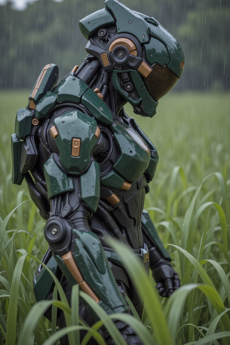 Dark, futuristic armored figure, standing in a lush, grassy field during a heavy rain.  Detailed, intricate, dark-green armor, heavily textured and with metallic accents, covers the entire body.  Visor and other face elements are concealed by the helmet.  The armor shows signs of water, with rain droplets clinging to the surface.  The figure’s posture is contemplative and slightly hunched.  The field is a vibrant green, with tall grass that reaches the character's lower body.  Heavy rain is falling, creating a diffused, dramatic lighting effect.  The overall atmosphere is one of mystery and melancholy, with the heavy rain enhancing a sense of solitude and isolation.  The scene is rendered in a detailed, realistic style with a focus on form and texture.  The perspective is from a slightly lower angle, focusing on the figure and the surrounding landscape, which are both filled with natural detail.  A muted palette of dark greens, grays, and browns dominate, with highlights of light gray and gold.  The style is cinematic, evocative of a sci-fi or fantasy film, emphasizing the visual weight of the character and the landscape.,cyberpunk
