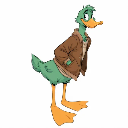 solo, full body, duck, clothing, anseriform, anatid, avian, bird, anthro, male, simple background, white background, clothed, topwear, green body, beak, brown clothing, smile, from side, looking back, standing, green feathers, jacket, digital media \(artwork\), portrait