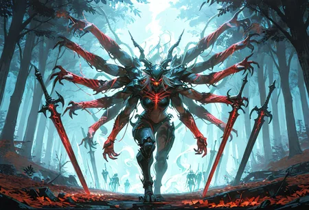scifi, fantasy, masterpiece, best quality, great composition, four arms, many limbs, assymetry, assymetrical arms, bigger arm holding enormously big broken runic blade enchatned with the souls of the damned, The Revenant is a spectral, humanoid creature that appears ghostly and otherworldly. Its form hovers above the ground, giving it an ethereal and unsettling presence. The body is semi-transparent, with sharp, jagged features that make it look both menacing and unnatural. Its face is obscured, often appearing as a shadowy void or with glowing eyes that pierce through the darkness.
The Revenant’s arms are elongated and end in claw-like appendages, giving it a sinister, predatory look. Its lower body fades into a swirling mist, emphasizing its incorporeal nature. It moves fluidly, as though gliding effortlessly, and its presence is often accompanied by an eerie glow or shimmering aura.
When attacking, the Revenant strikes swiftly and leaves an otherworldly impression, making it feel like an unstoppable force. Its spectral design and unnerving movement make it a haunting and unforgettable entity.