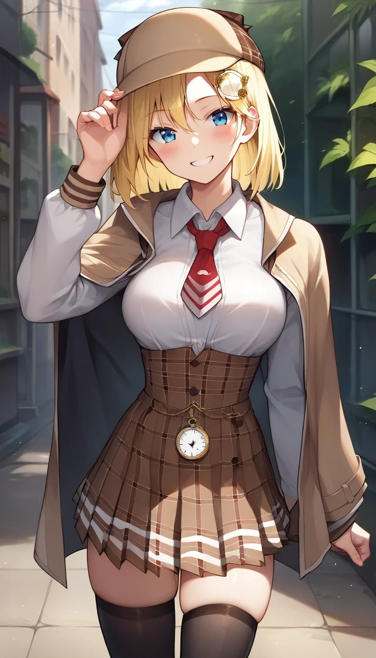 score_9,score_8_up,score_7_up,score_6_up BREAK official art,solo,outdoors,cowboy shot,looking at viewer,facing viewer,smile,blush,Watson Amelia,detective,brown headwear,blonde hair,medium hair,bob cut,monocle hair ornament,hair between eyes,parted bangs,blue eyes,collarbone,brown capelet,red necktie,short necktie,white shirt,collared shirt,medium breasts,skindentation,long sleeves,pocket watch,high-waist skirt,brown skirt,pleated skirt,plaid skirt,zettai ryouiki,thighs,black thighhighs,loafers,<lora:Watson Amelia(vtb)-Pony:1.4>,