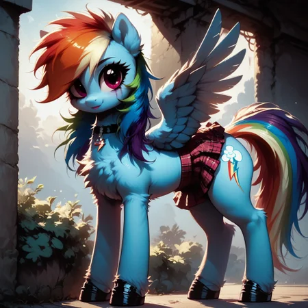 score_9, score_8_up, score_7_up, score_6_up, high resolution, hight detailed, high quality, intricate detail, detailed, (((feral pony))), solo, bitter, fluffy, fur, cute face, cute, wide hips, wide thighs, dark theme, full body, female pony, mare, ((rainbow dash)), wings, (short body), (long legs), (lanky), petite build, egirl, emo girl, ((black streak)), hair over one eye, thick mascara, choker, miniskirt, ((plaid skirt)), midriff, looking to the viewer, standing, Curvy figure, solo, side view
