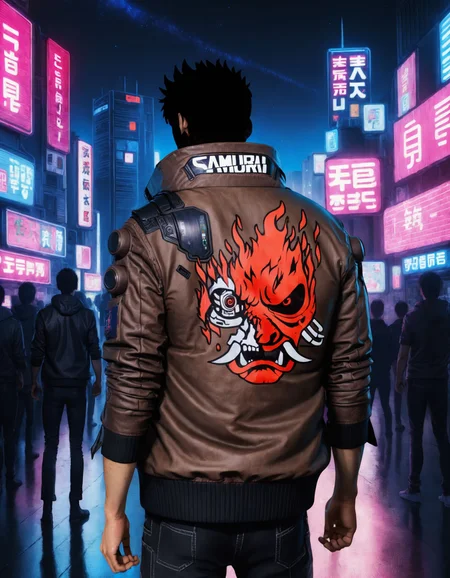 anime artwork a man, from behind, wearing a brown cyberpunk Samurai jacket, black jeans, black shirt, standing in a busy city street, sleeves up, night, night sky, large cityscape, neon signs, highly detailed, professional, 4k, <lora:CyberpunkSamuraiJacketSDXL:0.75> . anime style, key visual, vibrant, studio anime, highly detailed