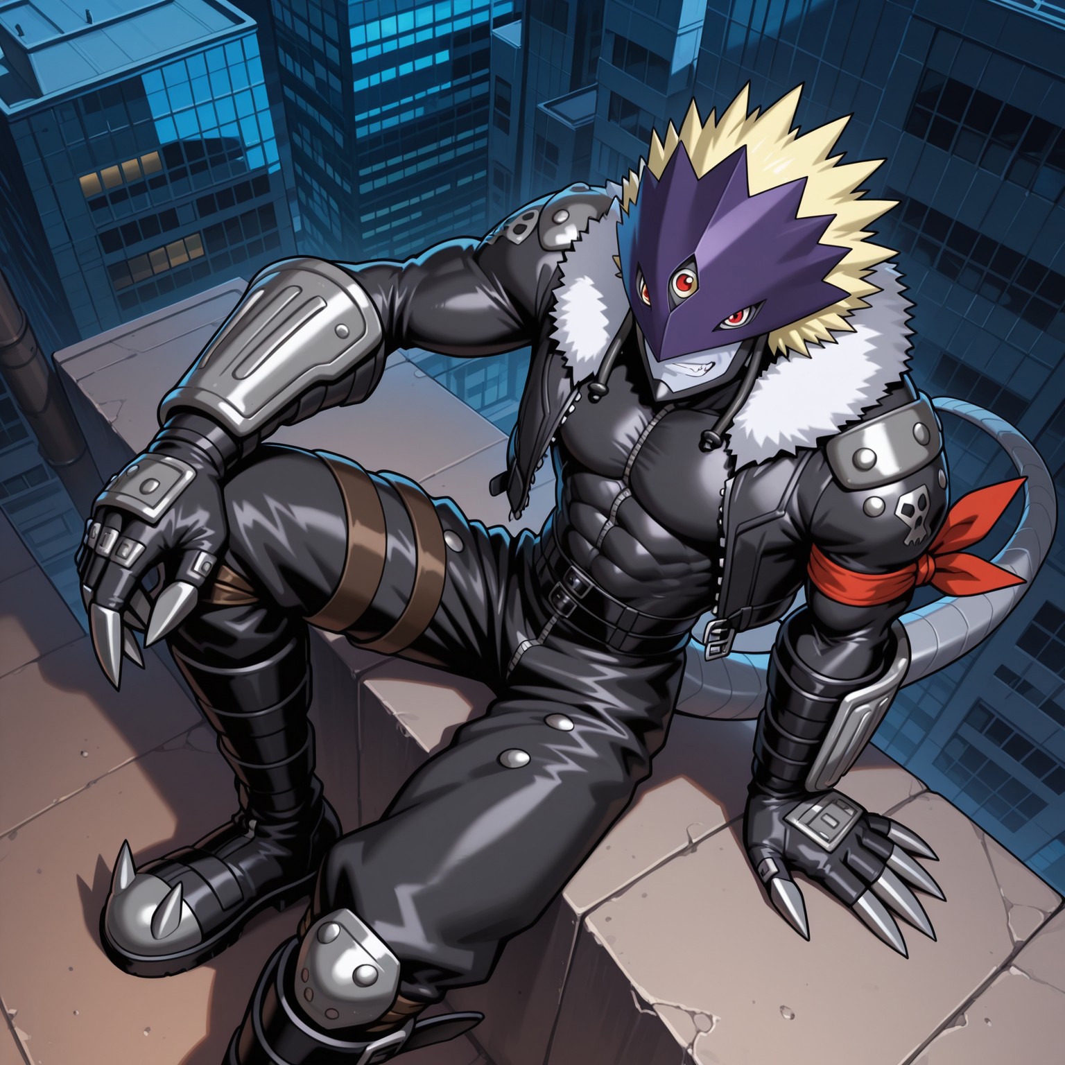 2d, solo, 1boy, male, Beelzemon, digimon (creature), humanoid, red eyes, third eye, purple mask, blonde hair, spiky hair, colored skin, gray tail, scaly steel tail, muscular, abs, pecs, claws

Fur trim, red arm bandana, Zipper, skin tight shirt, black leather shirt, black open jacket, cropped jacket, long sleeves, black belts, black leather pants, black boots, steel arm pads, steel knee pads, steel toed boots, 

BREAK from above, peace signs, outside, sitting on ledge, on top of building, looking up at viewer, grinning 

BREAK best quality, amazing quality, very aesthetic, absurdres, newest, masterpiece, high quality