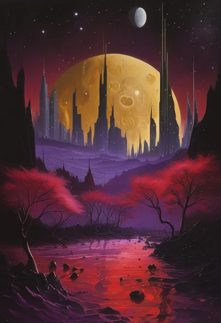 masterpiece, best quality, detailed, amazing quality,
detailed face, beautiful color,
detailed background, landscape, alienworld, multiple moons, purple burgundy black colors, viney, tall buildings, layers, holes, buildings
