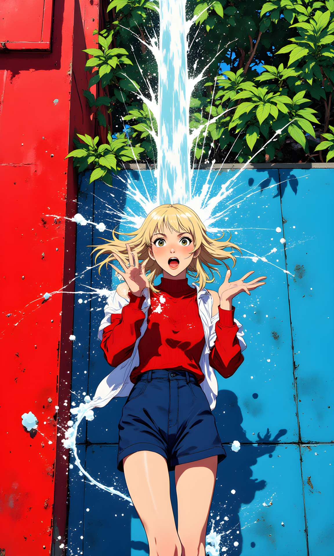 Closeup portrait capturing a spontaneous and energetic moment of a 25-year-old woman that stands against a bright red painted wall with lush green foliage peeking through in the background. She wears a deep blue short skirt paired with a red pullover and a loose, white sleeveless shirt, creating a striking contrast against the serene blue wall. Her blonde hair is caught mid-movement as a sudden large vertical jet of water hits her head, cascading down dramatically.
Her expression is one of shock and surprise, her wide eyes and parted lips conveying the unexpected nature of the moment. Her hands are raised in an energetic gesture, reacting instinctively to the splash, while her legs are crossed with one foot stepping forward, adding dynamic movement to her pose.
The vibrant colors, combined with the action and her startled yet graceful posture, create a lively and engaging scene. The interplay of her deep red outfit against the cool tones of the wall and the greenery adds depth and contrast, while the water's motion enhances the energy and spontaneity of the composition.
j_art, anime, anime art, <lora:FLUX\jul\J_Anime:0.7>, <lora:FLUX\RealAnime:0.7>