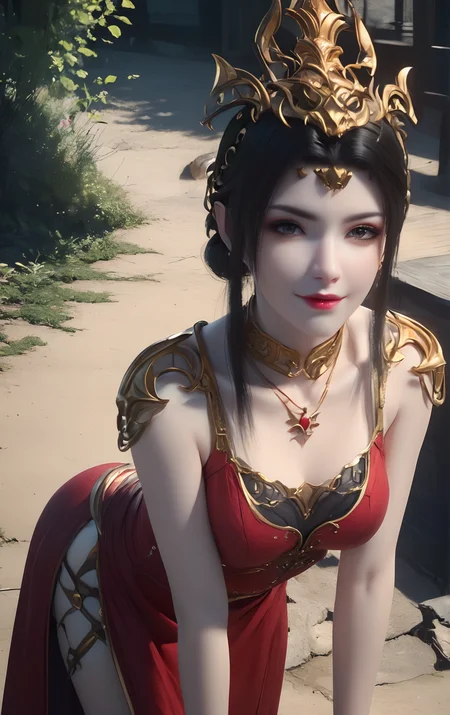 portrait,cowboy_shot,masterpiece,best quality,1girl,solo,black hair,hair ornament,dress,red dress,hair bun,1girl,<lora:MEIDUSHA:1>,posing,looking_at_viewer,eye-contact,(smile:0.7),bent_over,