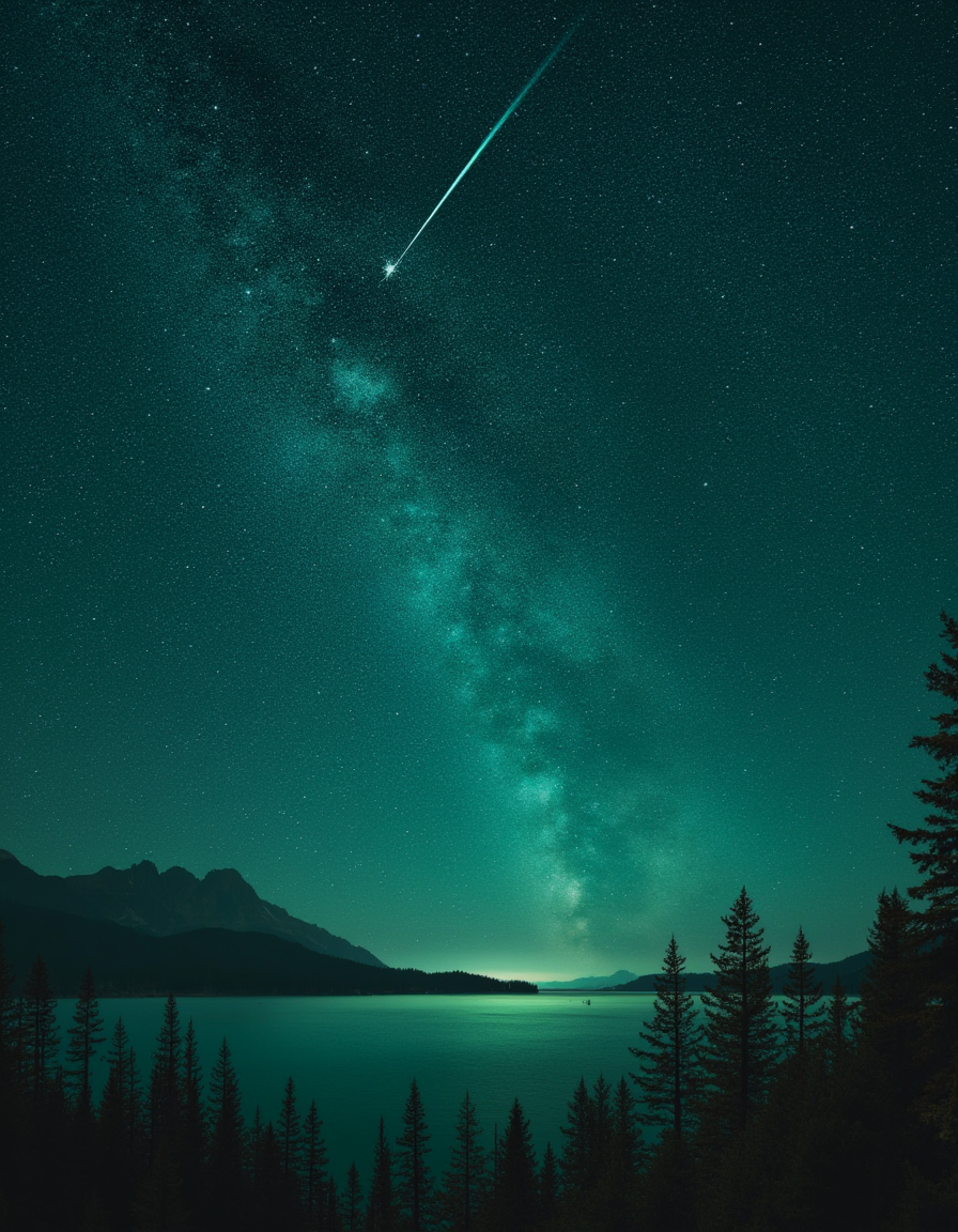 touch of verdigris style, a starry night sky filled with a myriad of constellations, with a shooting star