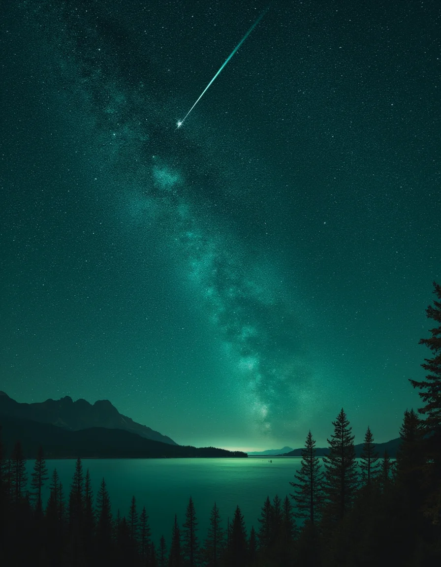 touch of verdigris style, a starry night sky filled with a myriad of constellations, with a shooting star